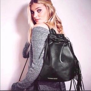 Victoria Secret black faux leather fringe backpack like new super clean